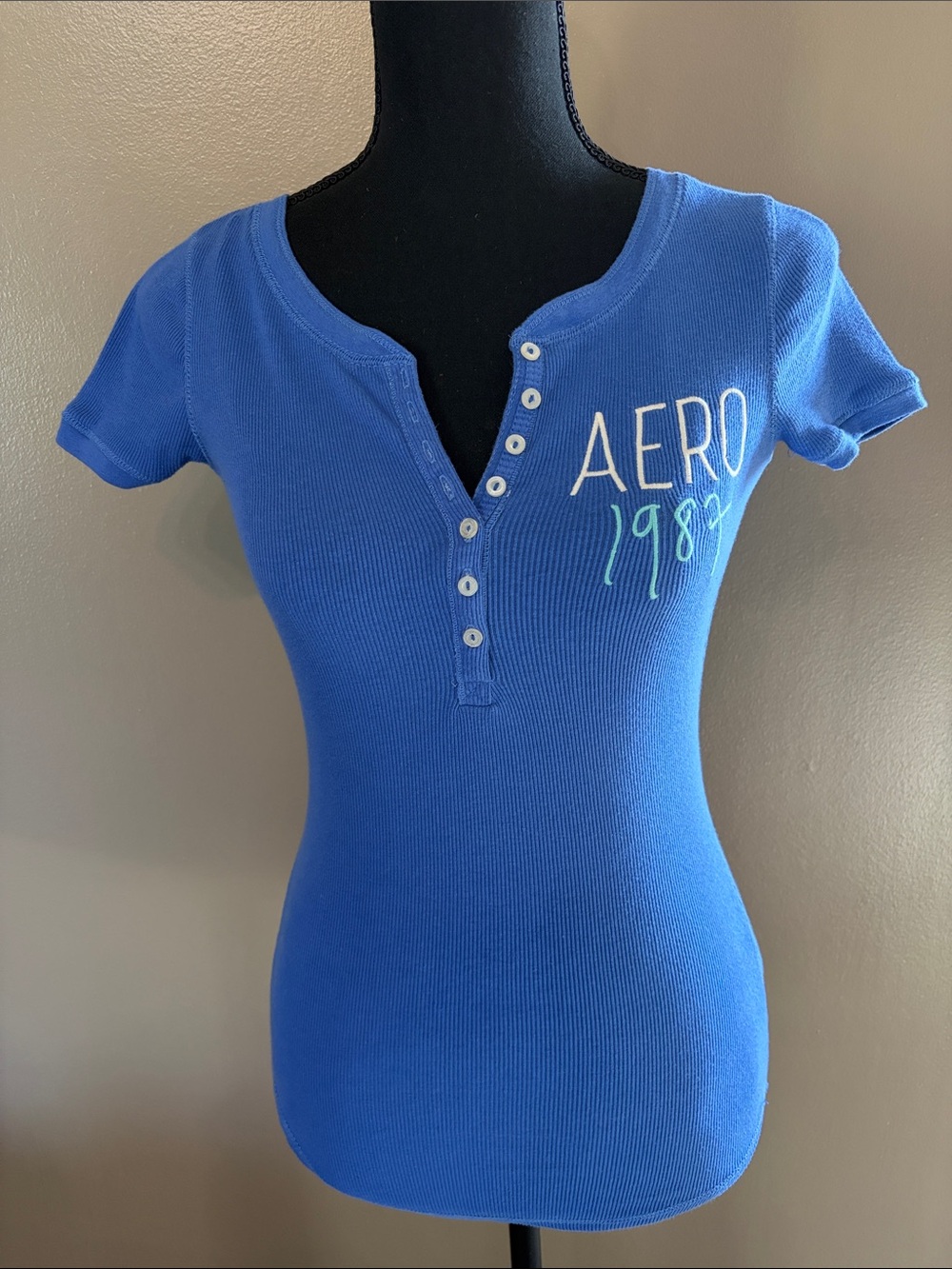 Aeropostale Royal Blue Short Sleeve Ribbed Henley Top with Logo